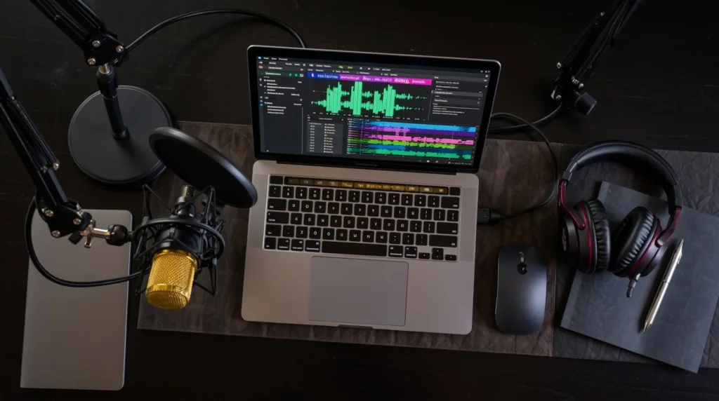 A podcast production setup featuring a microphone, headphones, and a laptop running Descript, highlighting its use for podcasters.