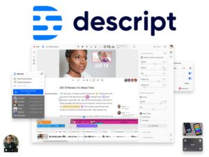 Screenshot of the Descript AI video and audio editing interface showcasing multi-track editing, transcription, and device input options 