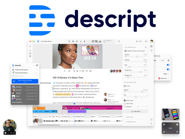 Screenshot of the Descript AI video and audio editing interface showcasing multi-track editing, transcription, and device input options