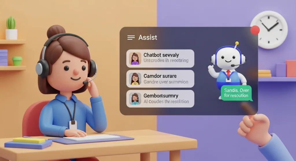 A customer support agent working collaboratively with the Ultimate AI platform, showcasing seamless human-AI handoff and agent assist.