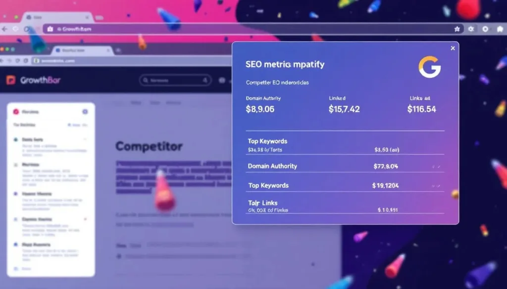 A GrowthBar Chrome extension overlaying SEO metrics on a competitor's website, demonstrating real-time analysis.