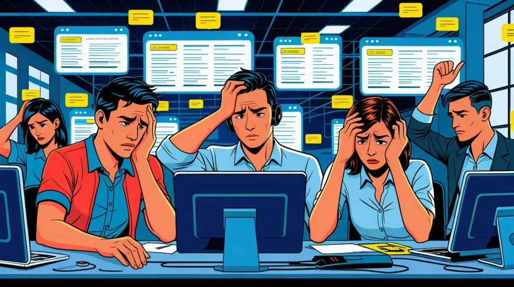 An overwhelmed customer support team surrounded by multiple digital support tickets, illustrating the challenge of high customer expectations.