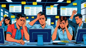 An overwhelmed customer support team surrounded by multiple digital support tickets, illustrating the challenge of high customer expectations. Use Ultimate AI platform