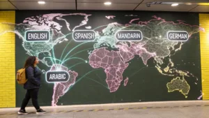 A global map with diverse language chat bubbles converging into a central AI, illustrating Ultimate's language-agnostic customer support.