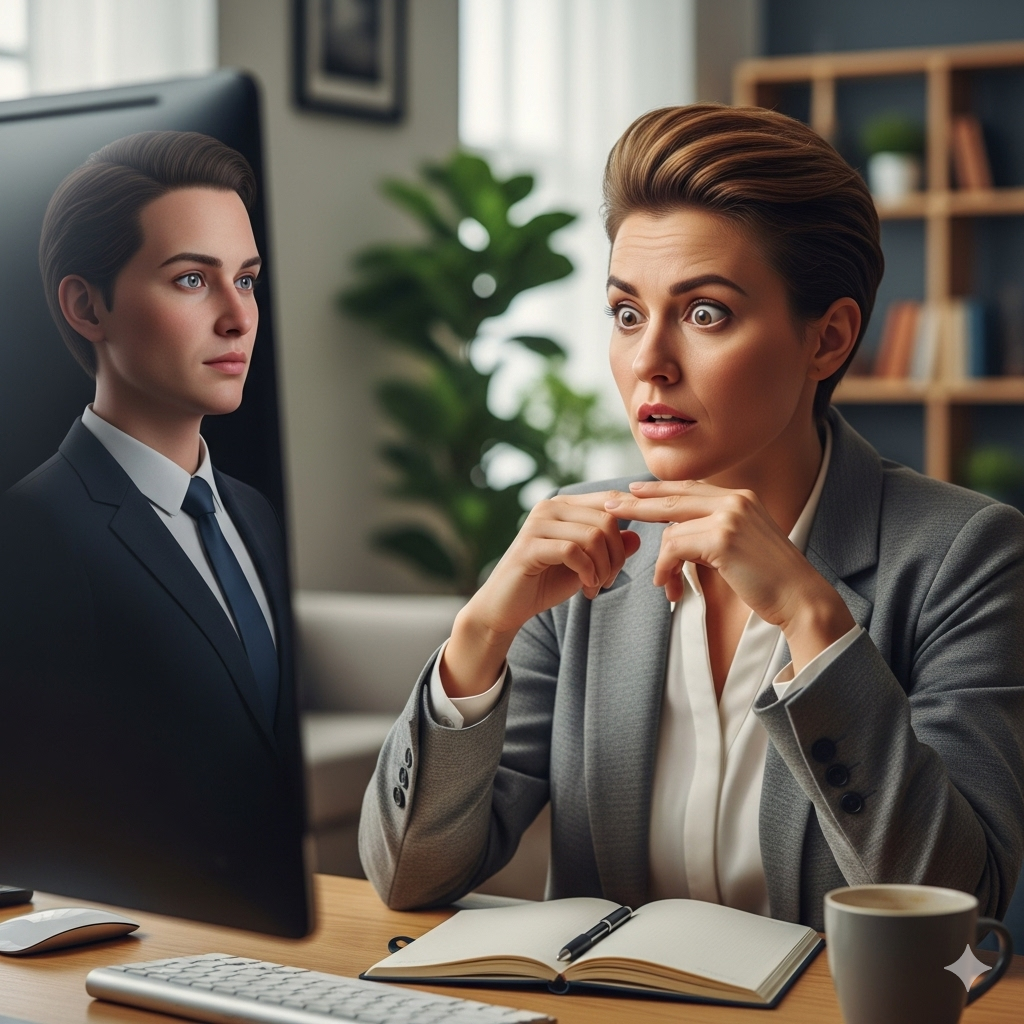A recruiter shocked at discovering an AI-generated avatar instead of a real employee during a virtual interview.