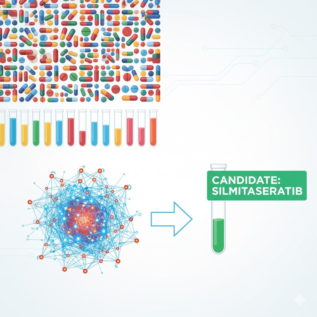 Gemma model cancer therapy pathway AI drug simulation selecting Silmitasertib for tumour visibility