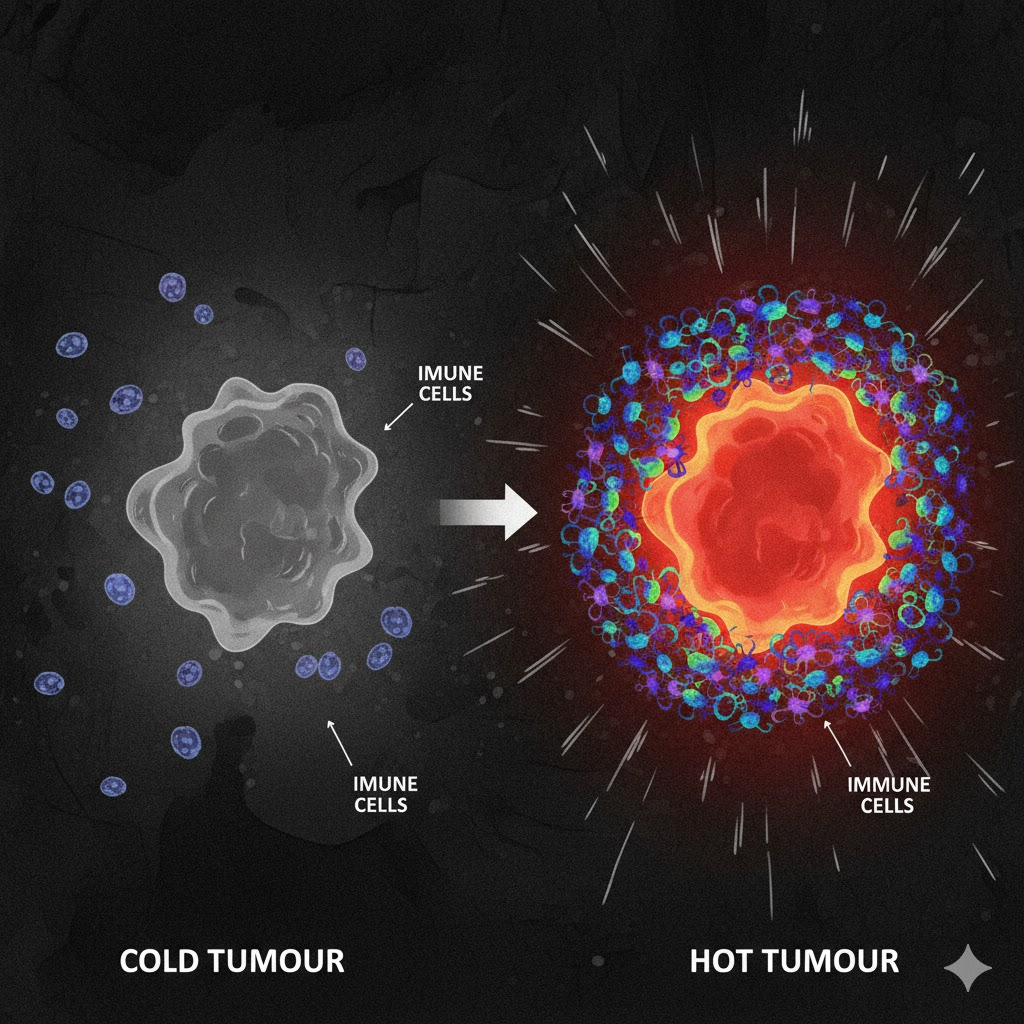 Gemma model cancer therapy pathway illustration showing cold to hot tumour immune activation