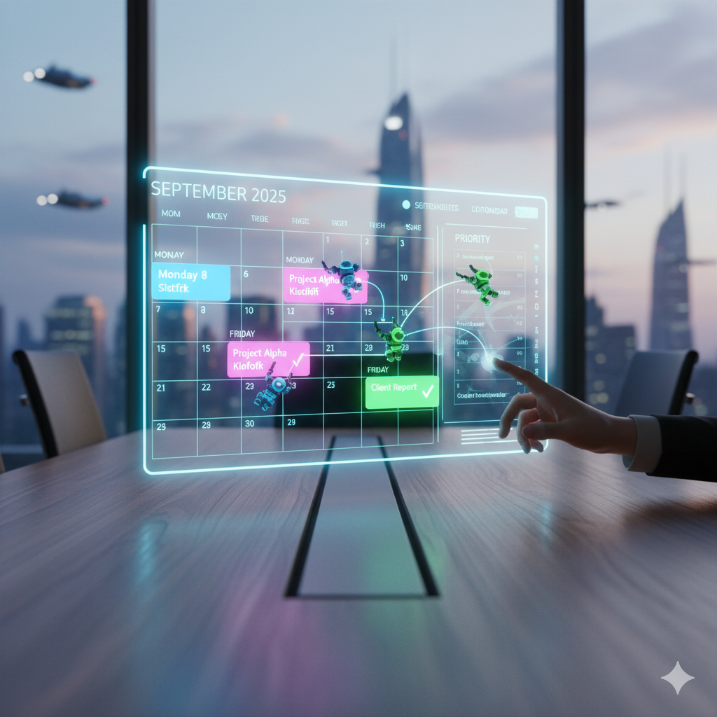 A futuristic calendar and task manager projected as a hologram, with AI bots moving tasks automatically.
